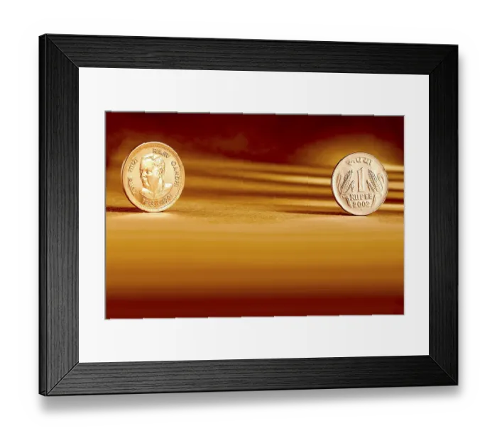 Framed Print : Double pair Indian currency one rupees coin front side and backside manner embossed Rajiv Gandhi 1944-1991 on orange background