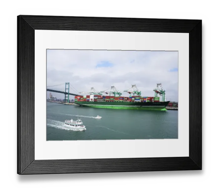 Framed Print : Cargo ship near the Vincent Thomas bridge completed in 1961 and opened to traffic1963, only suspension bridge in the world supported entirely on piles, Los Angeles, L.A. California, U.S.A. United States of America