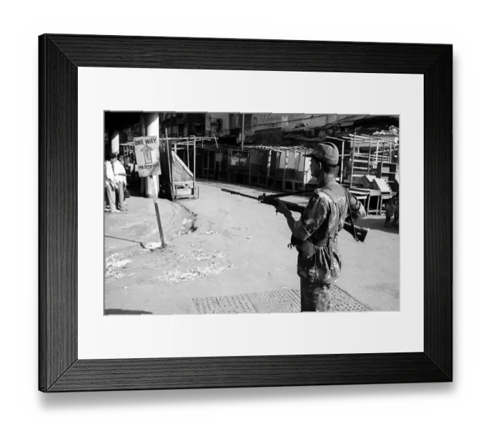 Framed Print : Army personnel & armed police deployed to prevent rioting after religious fundamentalists demolished the Babri Masjid in Ayodhya in Uttar Pradesh on 6 / 12 / 1992, The rioting continued till January 1993 in Bombay Mumbai, Maharashtra, India
