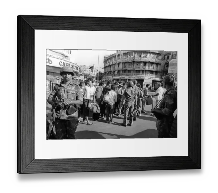 Framed Print : Army personnel were deployed near Mohammed Ali road to prevent rioting after religious fundamentalists demolished the Babri Masjid in Ayodhya in Uttar Pradesh on 6 / 12 / 1992. The rioting continued till January 1993 in Bombay Mumbai, maharashtra, india