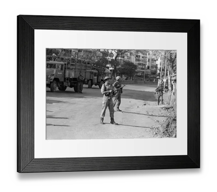 Framed Print : Army personnel were deployed near Mohammed Ali road to prevent rioting after religious fundamentalists demolished the Babri Masjid in Ayodhya in Uttar Pradesh on 6 / 12 / 1992. The rioting continued till January 1993 in Bombay Mumbai, maharashtra, india