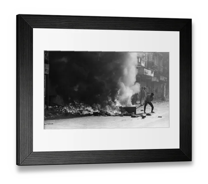 Framed Print : Rioters put on fire car tyres after religious fundamentalists demolished the Babri Masjid in Ayodhya in Uttar Pradesh on December 6, 1992. The rioting continued till January 1993 in Bombay now Bombay Mumbai, Maharashtra, India, Asia