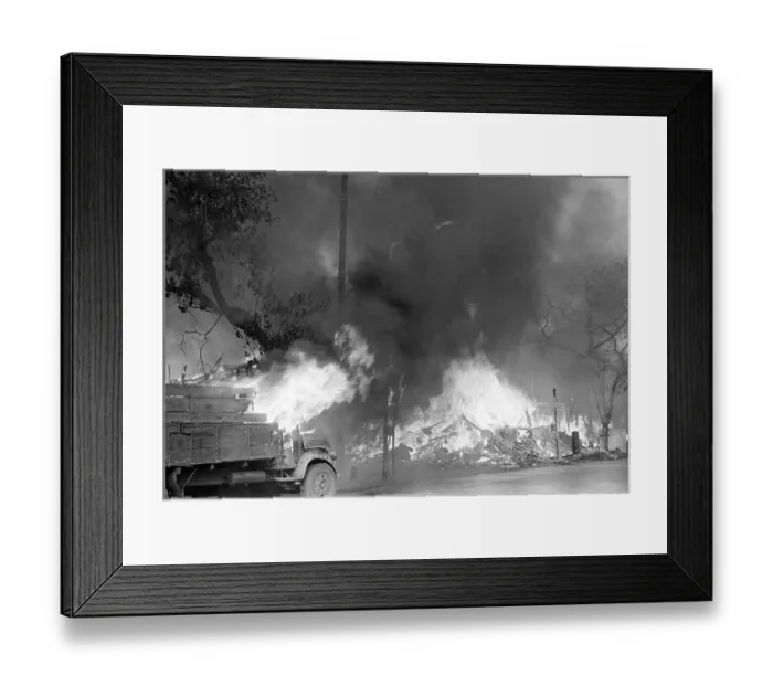 Framed Print : Rioters put on fire a timber mart shop in Reay Road after religious fundamentalists demolished the Babri Masjid in Ayodhya in Uttar Pradesh on 6 December 1992, The rioting continued till January 1993 in Bombay now Bombay Mumbai, Maharashtra, India