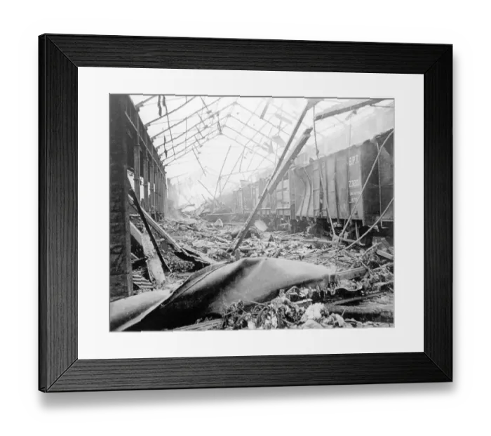 Framed Print : Destruction caused after massive fire at Victoria Dock that engulfed the Chinese ship Fort on 14 April 1944 at the Bombay Port Trust, Bombay Mumbai, Maharashtra, India, Asia