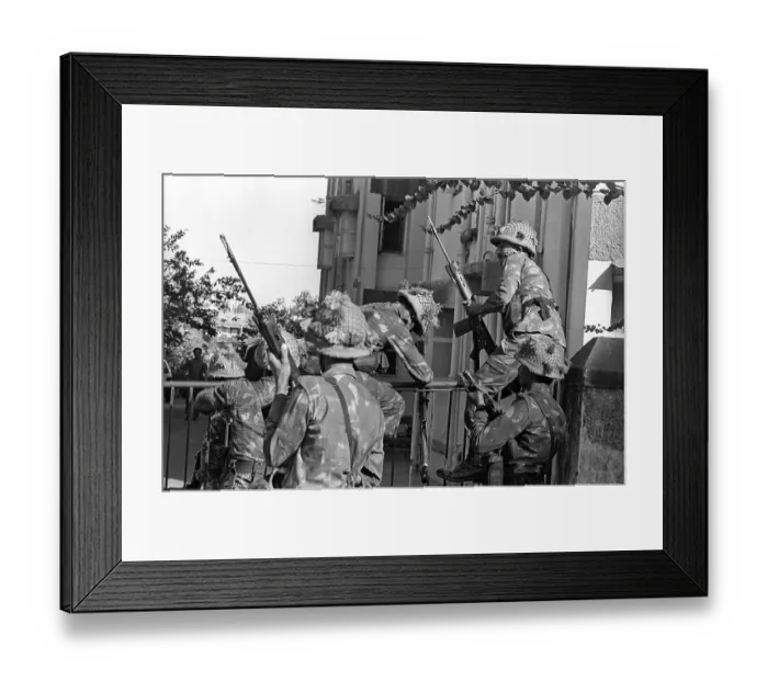 Framed Print : Army personnel & armed police deployed at Beharampada Bandra to prevent rioting after religious fundamentalists demolished the Babri Masjid in Ayodhya in Uttar Pradesh on 6 / 12 /  1992, The rioting continued till Jan1993 in Bombay Mumbai, Maharashtra
