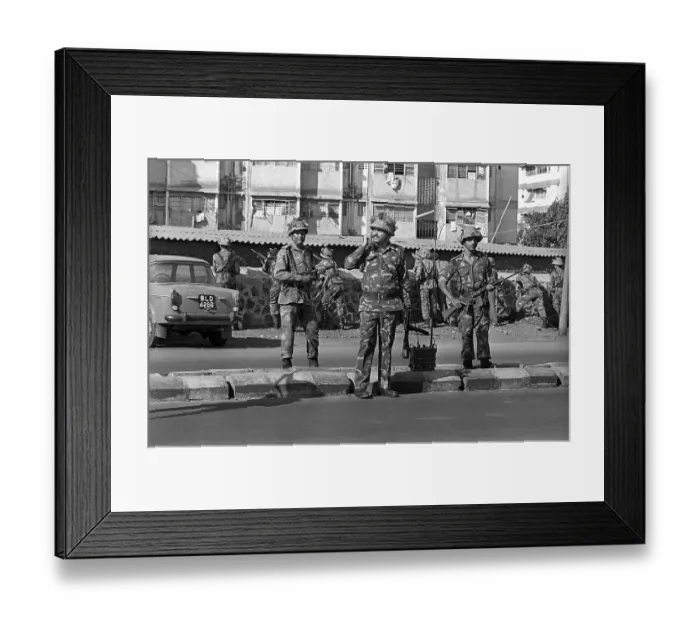 Framed Print : Army personnel & armed police deployed at Beharampada Bandra to prevent rioting after religious fundamentalists demolished the Babri Masjid in Ayodhya in Uttar Pradesh on 6 / 12 /  1992, The rioting continued till Jan1993 in Bombay Mumbai, Maharashtra