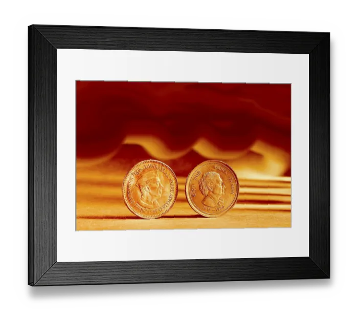 Framed Print : Double pair Indian currency five rupees coin and artistic background backside embossed Jawaharlal Nehru Centenary 1989 and Indira Gandhi 1917-1984