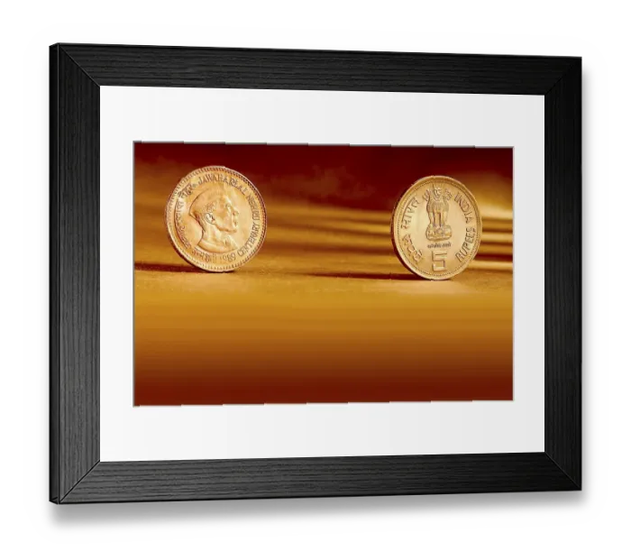 Framed Print : Double pair Indian currency five rupees coin front side and backside manner embossed Jawaharlal Nehru centenary 1989 on orange background