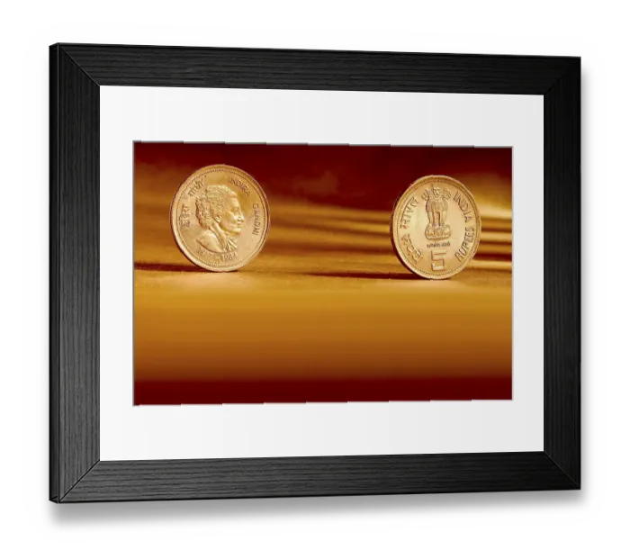 Framed Print : Double pair Indian currency five rupees coin front side and backside manner embossed Indira Gandhi 1917-1984 on orange background