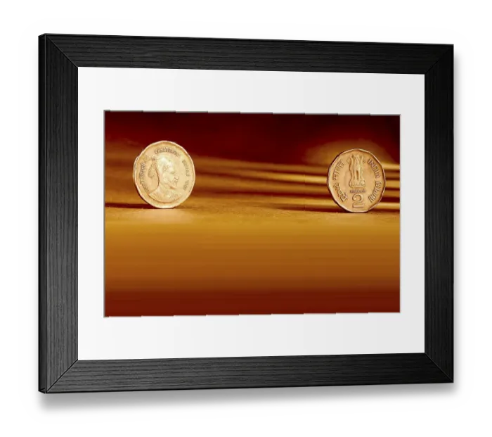 Framed Print : Double pair Indian currency two rupees coin front side and backside manner embossed Chhatrapati Shivaji 1999 on orange background