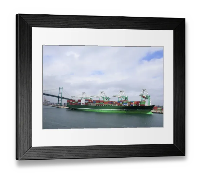 Framed Print : Cargo ship near the Vincent Thomas bridge completed in 1961 and opened to traffic1963, only suspension bridge in the world supported entirely on piles, Los Angeles, L.A. California, U.S.A. United States of America