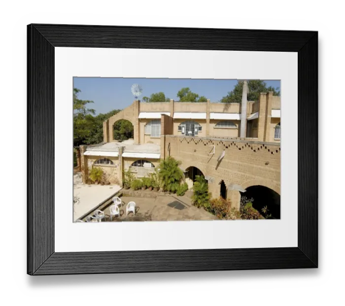 Framed Print : The Visitors Centre giving an overview of aims, activities and life of Auroville 1968, district Viluppuram, Puducherry, Union Territory, India, Asia