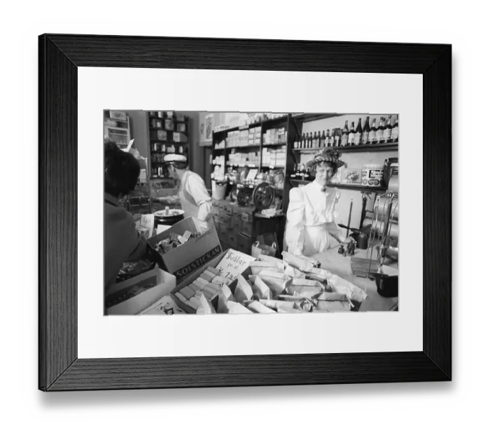 Framed Print : A general store museum in the 1970s. Photograph taken inside a general store, capturing its appearance from 100 years ago, are displayed for the public who shop there Framed Print : A general store museum in the 1970s. Photograph taken inside a general store, capturing its appearance from 100 years ago, are displayed for the public who shop there
