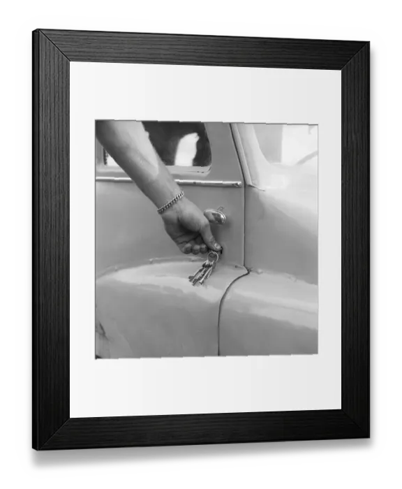Framed Print : A home-built car in 1952. Rune Wistroem from Stugsund built his self-made small car with registration number X15207. The initial letter X indicates that the car is registered in Gaevleborg County