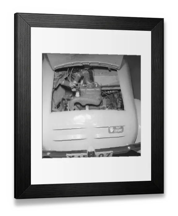 Framed Print : A home-built car in 1952. Rune Wistroem from Stugsund built his self-made small car with registration number X15207. The initial letter X indicates that the car is registered in Gaevleborg County