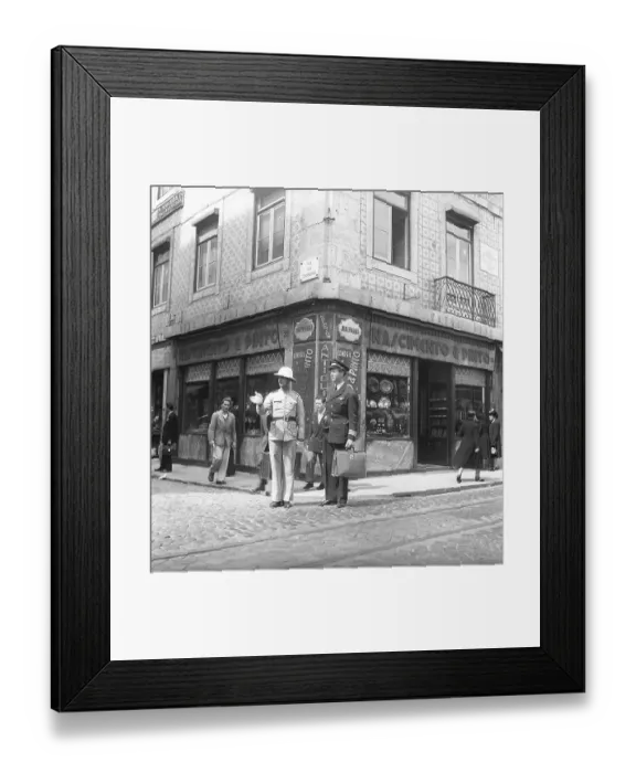 Framed Print : Lisbon, Portugal, 1949. A swedish airline captain in his uniform is being given directions by a policeman who is standing in a street corner, pointing with his hand where to go. Kristoffersson ref AR86-2, Europe Framed Print : Lisbon, Portugal, 1949. A swedish airline captain in his uniform is being given directions by a policeman who is standing in a street corner, pointing with his hand where to go. Kristoffersson ref AR86-2, Europe