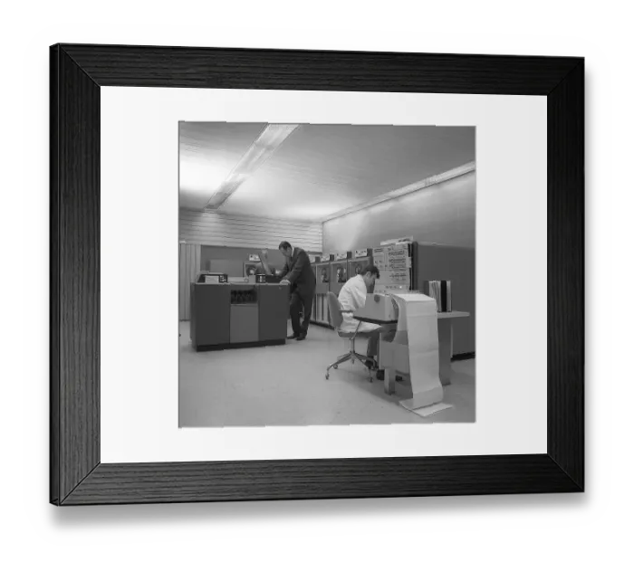 Framed Print : In the 1960s. Interior of a room with IBM 360 equipment, tape stations. IBM system 360 was frequently seen in the american television-series Mad Men. Picture taken 1965 Kristoffersson ref DY128-5