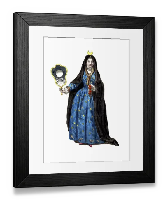 Framed Print : Historical clothing, fashion in the course of time, night, symbolic representation by a woman in 18th century clothing, digitally restored reproduction of an 18th / 19th century model, exact date unknown