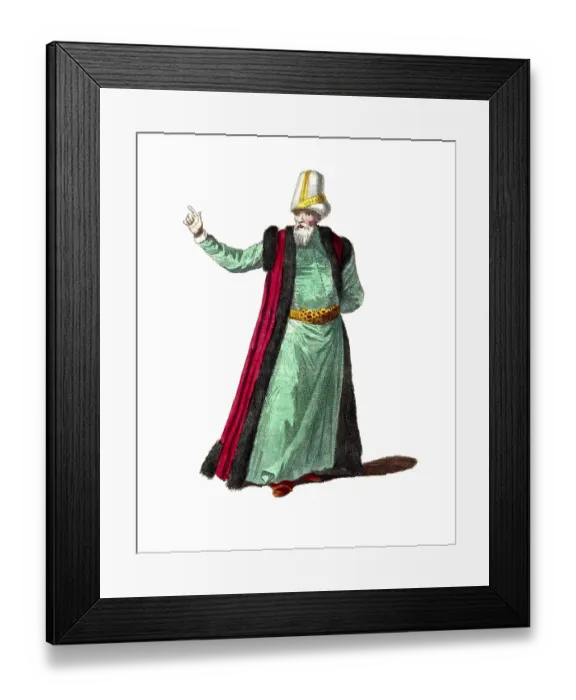 Framed Print : Historical clothing, fashion over time, The ceremonial dress of the Grand Vizier in 1700, digitally restored reproduction of an 18th / 19th century model, exact date unknown, man in green robe with energetic gesture Framed Print : Historical clothing, fashion over time, The ceremonial dress of the Grand Vizier in 1700, digitally restored reproduction of an 18th / 19th century model, exact date unknown, man in green robe with energetic gesture