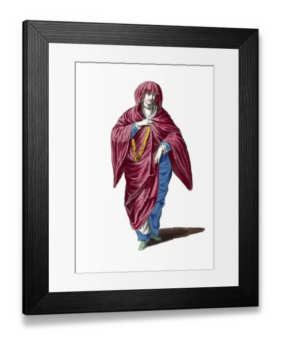 Framed Print : Historical clothing, fashion over time, The woman of a French merchant in a dress from around 1700, France, digitally restored reproduction of a model from the 18th / 19th century, exact date unknown, woman in elegant red dress with blue detail