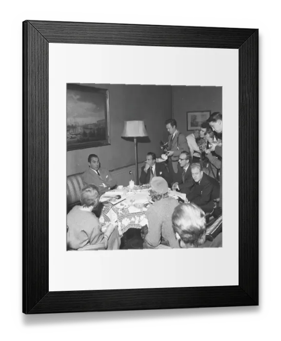 Framed Print : Tyrone Power 1957. 1914-1958. Pictured during a visit to Sweden 1957 on a press conference with journalists and press photographers