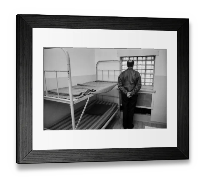 Framed Print : Germany, Berlin, 06.03.1992, Stasi remand prison Hohenschoenhausen, Otto Ruhland, former prisoner in his cell, when a guard entered you had to stand like this, Europe