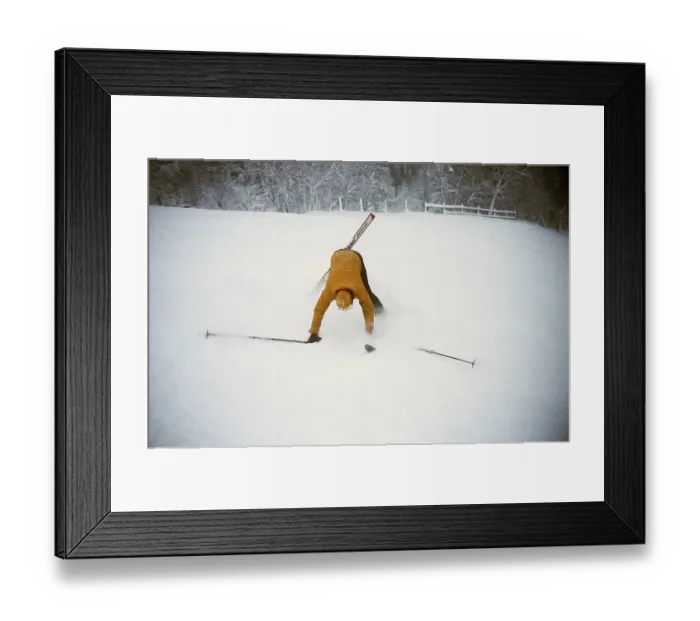 Framed Print : Slalom 1978. A man going dowhill on slalom skis caught by the camera in the moment he has lost his balance and is about to fall in a spectacular way