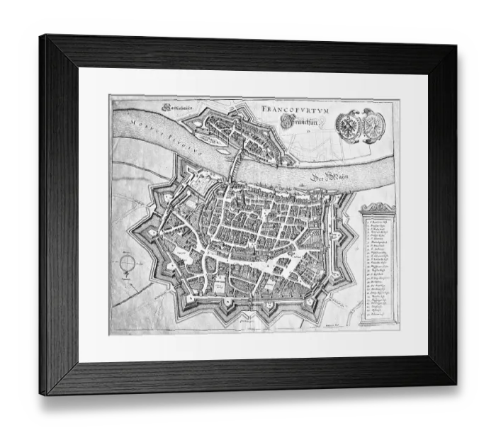 Framed Print : Frankfurt am Main, Frankfurt, Hesse, Germany, historical, historical quarter, topography, engraving, copper engraving, steel engraving, city, urban, map, map, illustration, depiction, drawing, drawn, Europe