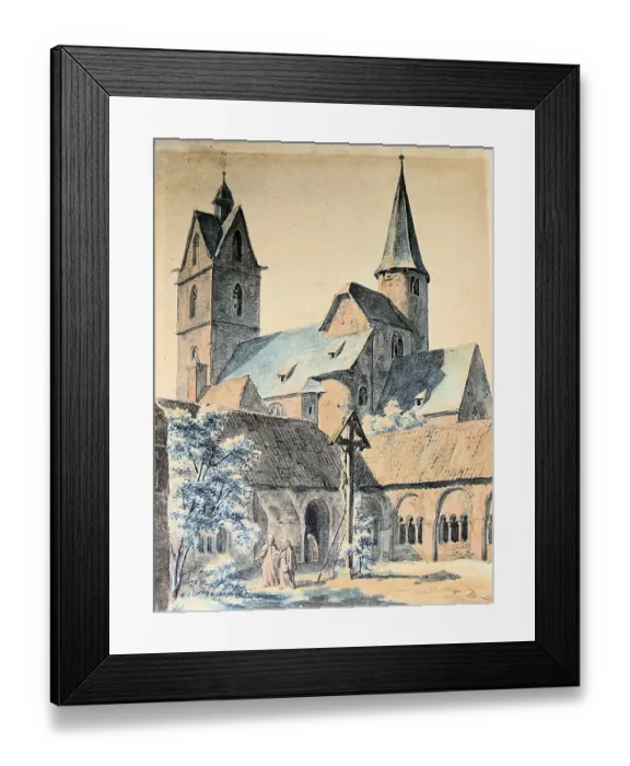 Framed Print : Church, St. Peter and Andrew, Paderborn, faith, provost church, Roman Catholic, parish, early Gothic, old, building, drawing, illustration, drawn, watercolour, historical, sacral building, representation, building, church building