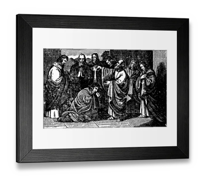 Framed Print : Peter converts 3000 souls to Christianity through his speech, New Testament, history of the apostles, kneeling, praying, woodcut, historical illustration
