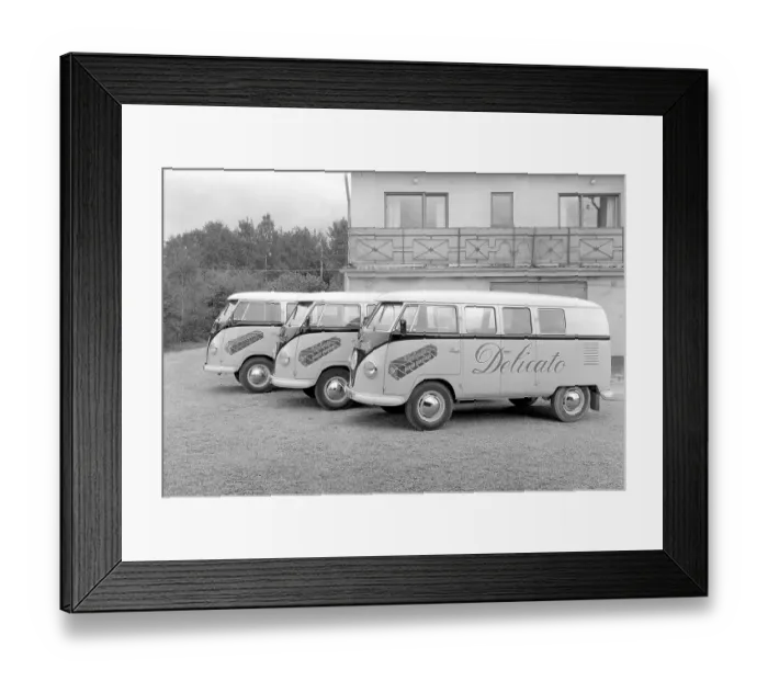 Framed Print : Volkswagen Type 2 T1. The first generation Volkswagen car models in the Transporter family, launched 8 march 1950. It had the split windshield informally called the Microbus, Spritscreen or Splittie