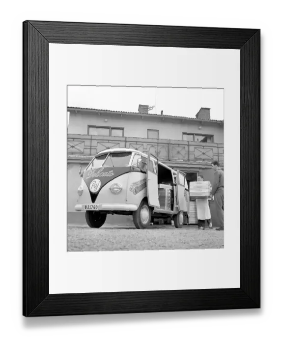 Framed Print : Volkswagen Type 2 T1. The first generation Volkswagen car models in the Transporter family, launched 8 march 1950. It had the split windshield informally called the Microbus, Spritscreen or Splittie