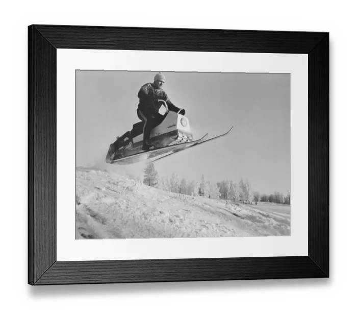 Framed Print : Larven (The caterpillar) A Swedish unconventional snowmobile that has now reached cult status. It consisted of a long caterpillar track with a seat where the driver sat and steered with the help of his weight and with his skis