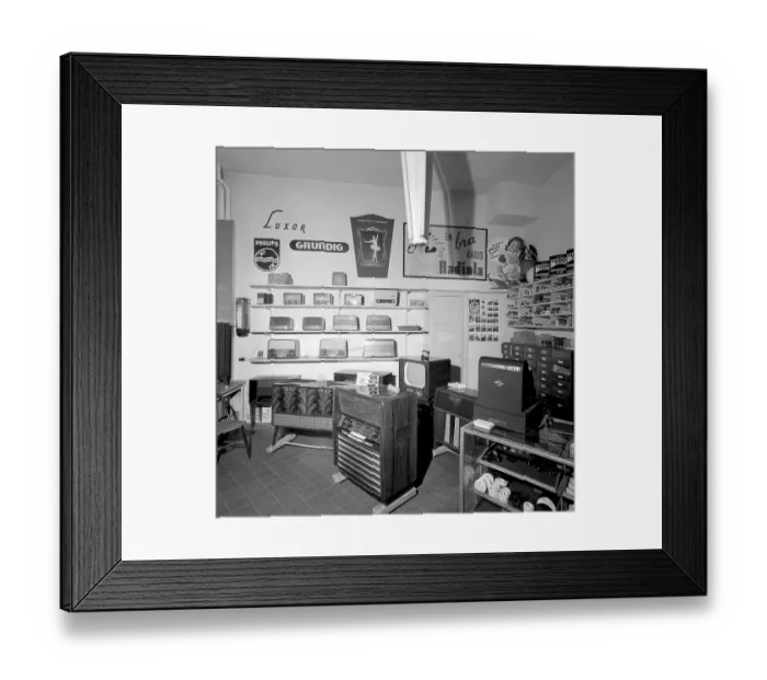 Framed Print : In the 1950s. Interior of a radio and tv store 1956 Framed Print : In the 1950s. Interior of a radio and tv store 1956