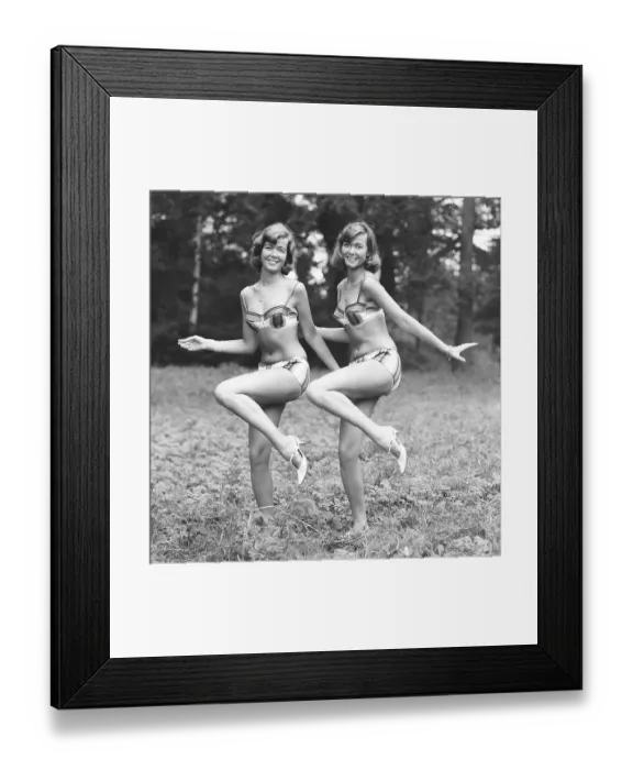 Framed Print : 1960s bikini fashion. Twins wearing bikini Framed Print : 1960s bikini fashion. Twins wearing bikini
