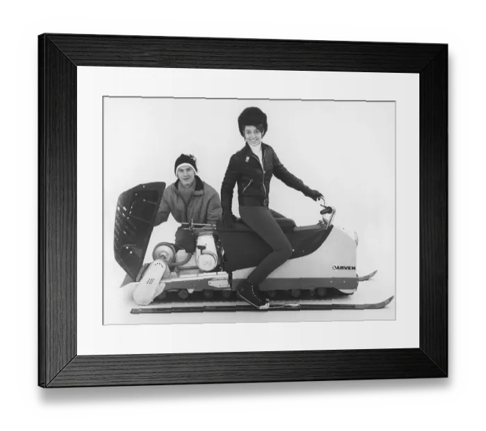 Framed Print : Larven (The caterpillar) A Swedish unconventional snowmobile that has now reached cult status. It consisted of a long caterpillar track with a seat where the driver sat and steered with the help of his weight and with his skis