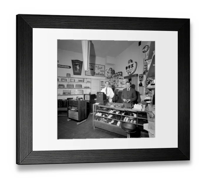 Framed Print : In the 1950s. Interior of a radio and tv store 1956 Framed Print : In the 1950s. Interior of a radio and tv store 1956