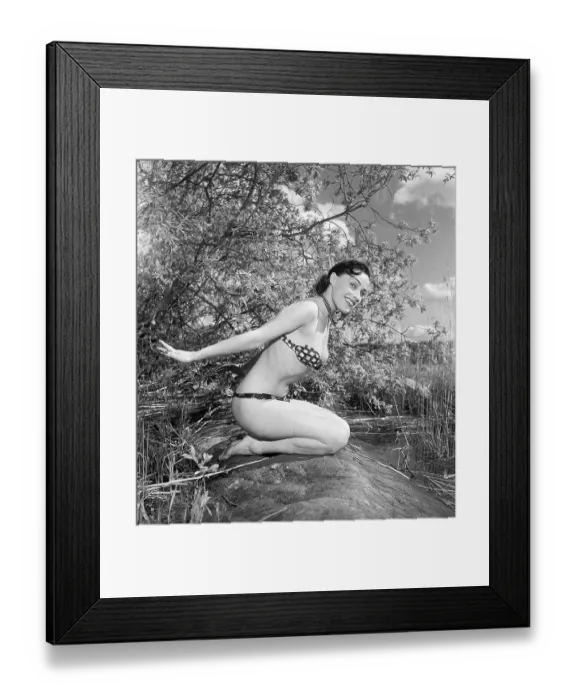Framed Print : In the 1950s. Beutiful Iris Johansson on a summer day wearing men's neckties as a bikini-like outfit Framed Print : In the 1950s. Beutiful Iris Johansson on a summer day wearing men's neckties as a bikini-like outfit