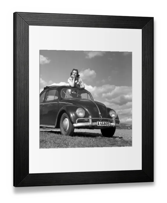 Framed Print : In the 1960s. Actress Gaby Stenberg looks happy this summer day having the top off her Volkswagen beetle car. Sweden 1960 Conard ref 4232 Framed Print : In the 1960s. Actress Gaby Stenberg looks happy this summer day having the top off her Volkswagen beetle car. Sweden 1960 Conard ref 4232