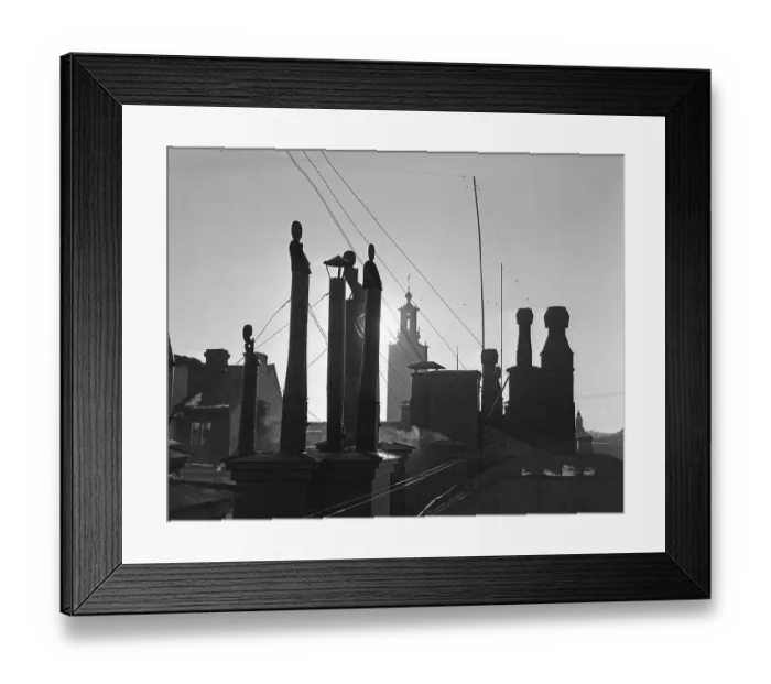 Framed Print : In the 1950s. Detail of chimneys on a rooftop in Stockholm Sweden