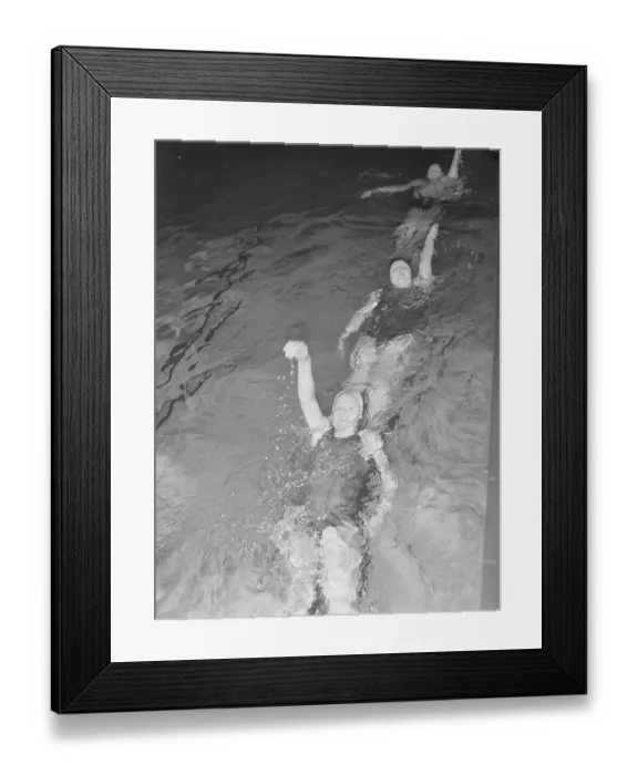 Framed Print : Swimming practice in the 1940s. Three young women are practising backstroke swimming. March 1940 Sweden Photo Kristoffersson ref 83-2