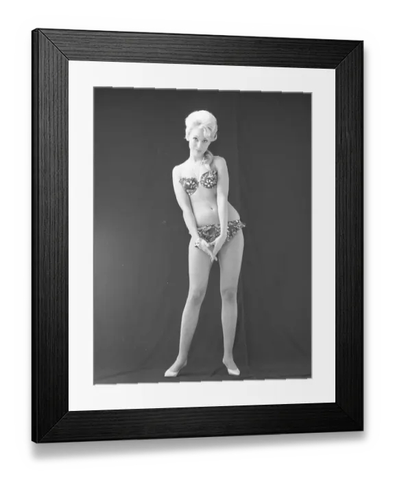 Framed Print : 1960s bikini fashion. A blonde girl in a photographers studio in a typical 1960s bikini. Sweden 1960s Photo Kristoffersson ref CP58-12 Framed Print : 1960s bikini fashion. A blonde girl in a photographers studio in a typical 1960s bikini. Sweden 1960s Photo Kristoffersson ref CP58-12