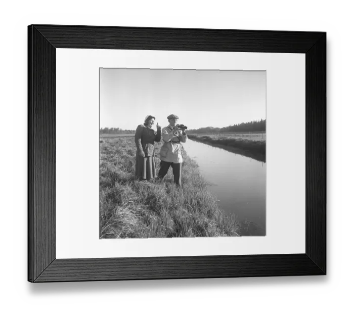 Framed Print : 1940s outdoor life. A couple is out in the nature and is interested in plants and flowers