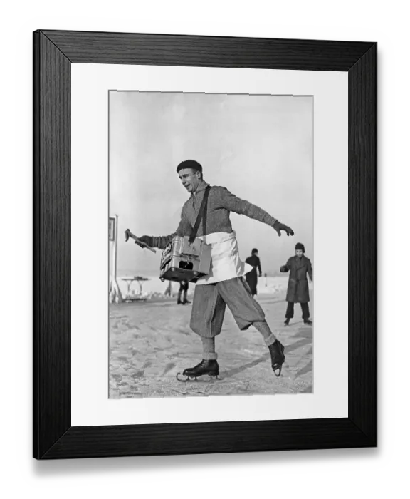 Framed Print : Skating Hot dog salesman. A man selling sausages is skating on the ice a winter day