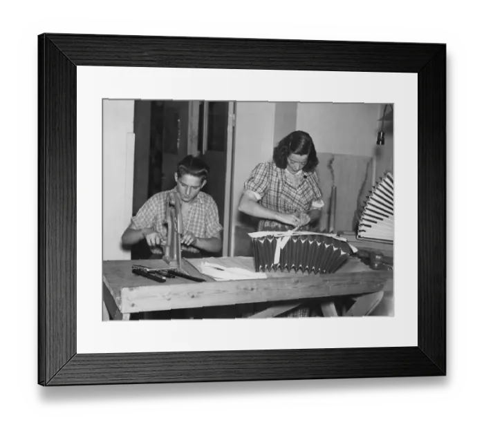 Framed Print : Accordion manufacturing. Interior of Ragnar Sundquists accordion factory in Stockholm