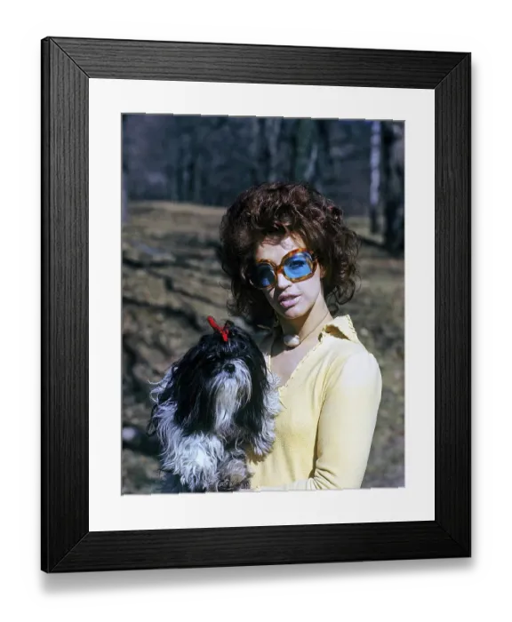 Framed Print : 1970s glasses. A young woman in blue tainted sunglasses is holding her dog. 1971