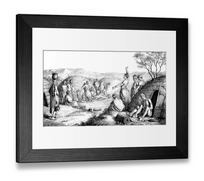 Framed Print : Life in a Kaffir village, Kaffir not in use today as a swearword, South African ethnic group with dark skin colour, round huts, children, woman working, water jug on the head, colonial times, South Africa, historical illustration 1886, Africa