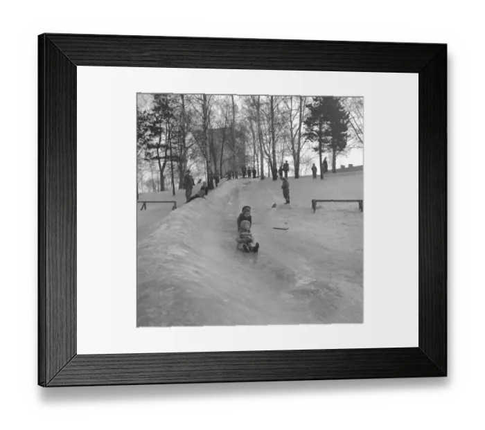 Framed Print : Winter in the 1950s. Children are playing in a park in Stockholm Framed Print : Winter in the 1950s. Children are playing in a park in Stockholm