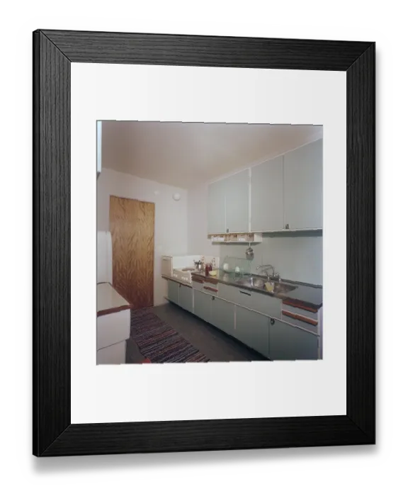 Framed Print : Kitchen of the 1950s. Kitchen interior in a typical design with visible objects from the time