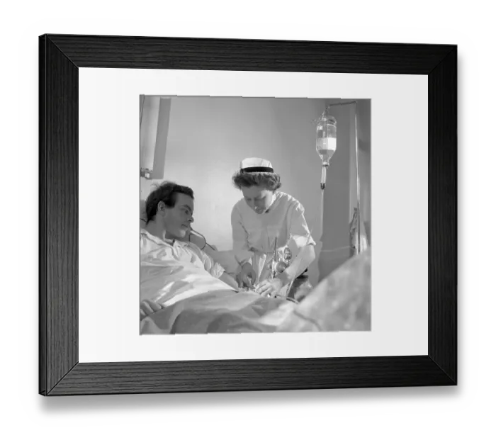 Framed Print : Hospital in the 1950s. A nurse is giving a patient intravenous therapy. Sweden 1952 Conard ref 1931